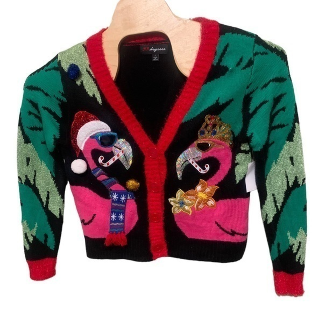33 Degrees‎ Ugly Christmas Sweater Womens Small Pink Flamingo Cardigan New NWT